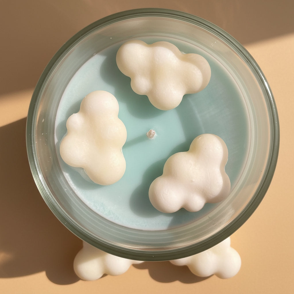 Blauwe container geurkaars met decoratieve wolken