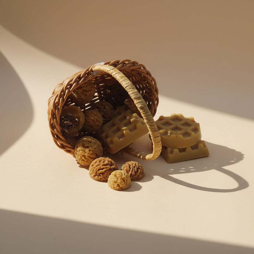 Handgemaakte citrus wax melts in citroenschijf vorm in rieten mandje – frisse, zomerse geur voor geurbrander.