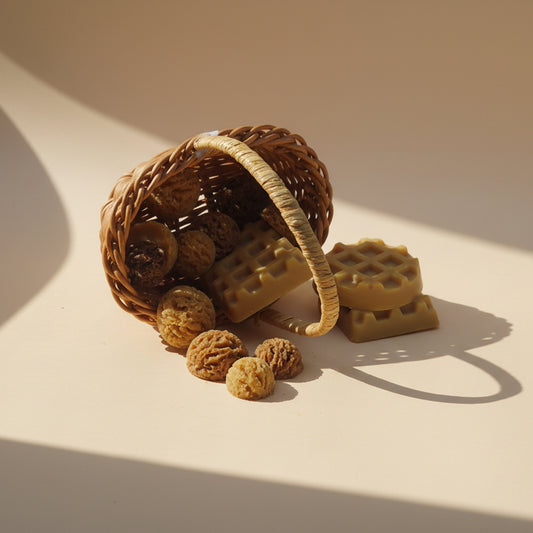 Handgemaakte citrus wax melts in citroenschijf vorm in rieten mandje – frisse, zomerse geur voor geurbrander.