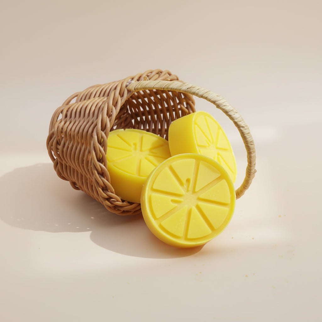 Handgemaakte citrus wax melts in citroenschijf vorm in rieten mandje – frisse, zomerse geur voor geurbrander.