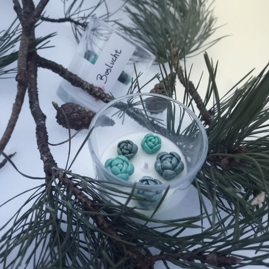 Boslucht handgemaakte geurkaars met groene dennen decoratie
