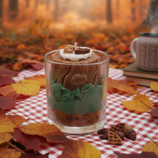 Handgemaakte geurkaars Picnic Tijd in glazen pot met bosdecor en herfstbladeren op rood geruit kleed
