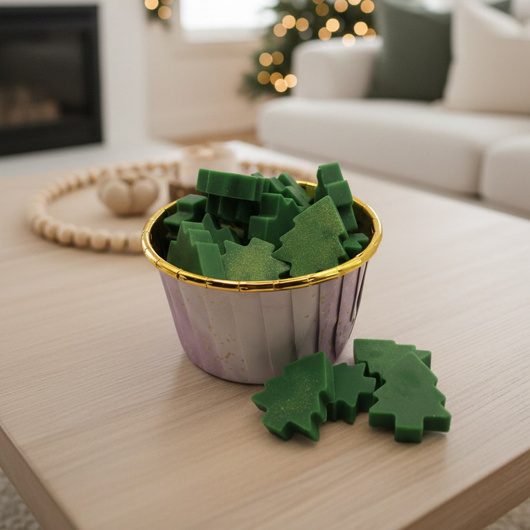 Wax melts kerstboom in gezellige woonkamer – handgemaakte winter geur voor interieur
