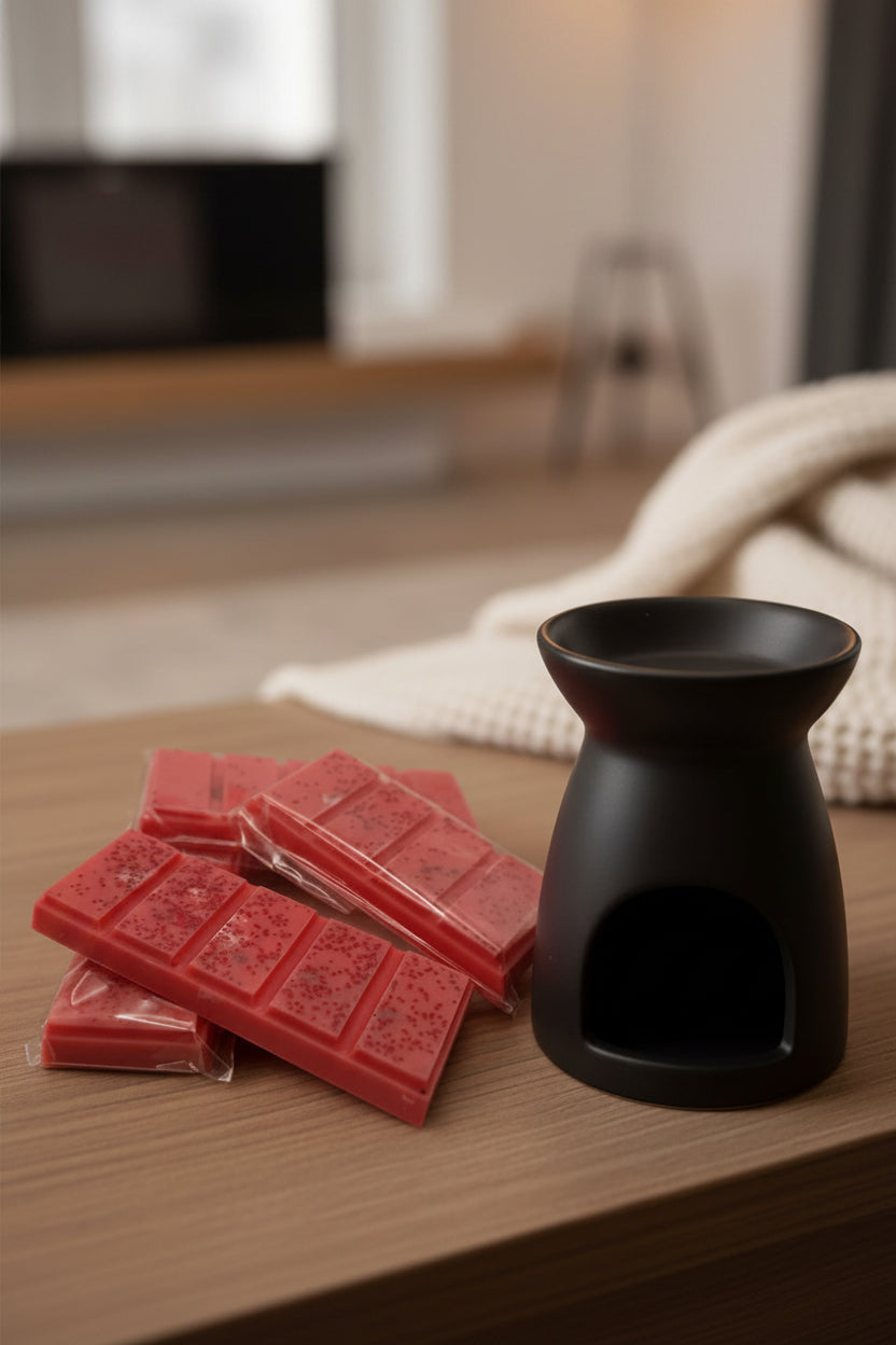 Handgemaakte rode wax melts met glitters naast zwarte geurbrander – duurzame wintergeur van Wicked Candles.