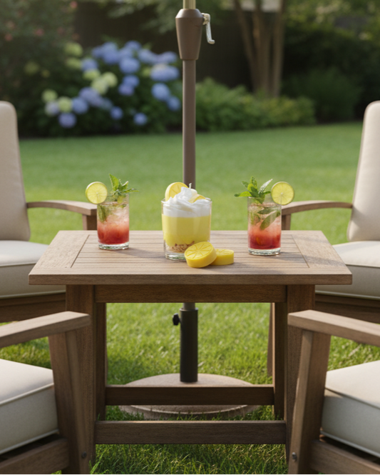 Outdoor setting with a wooden table, chairs, and drinks on a grassy background