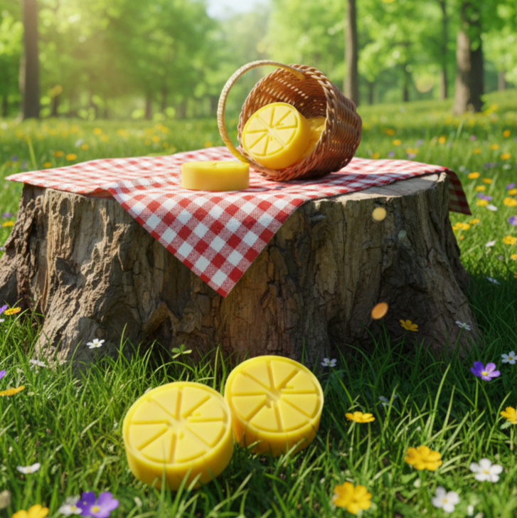 Picnic setup on a tree stump with lemons and a basket in a sunny park.