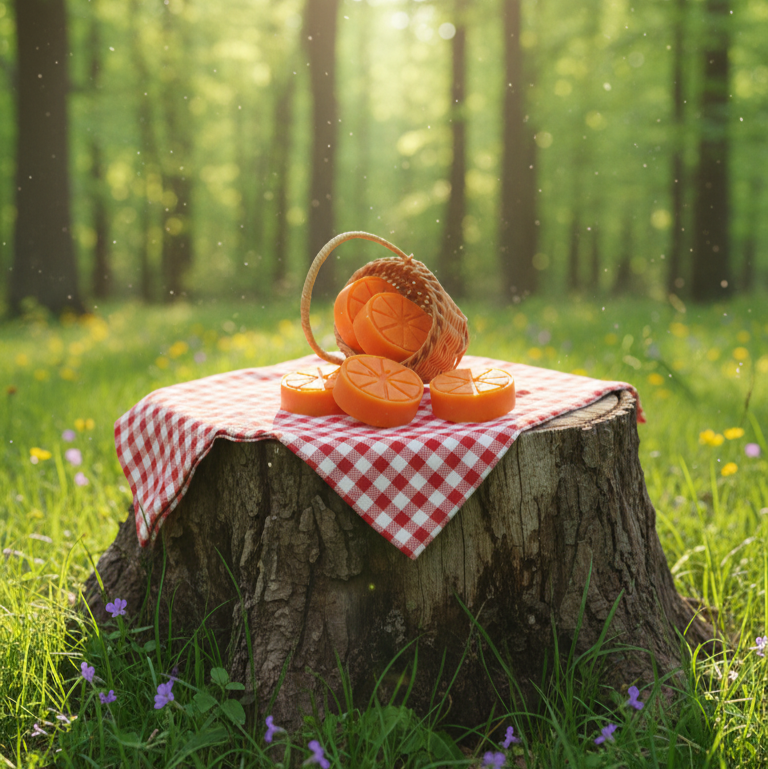 Orange slices on a checkered cloth on a tree stump in a forest