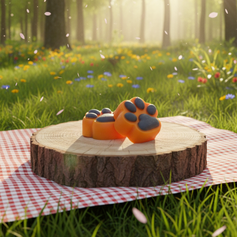 Two paw-shaped cookies on a wooden stump with a picnic blanket in a forest setting