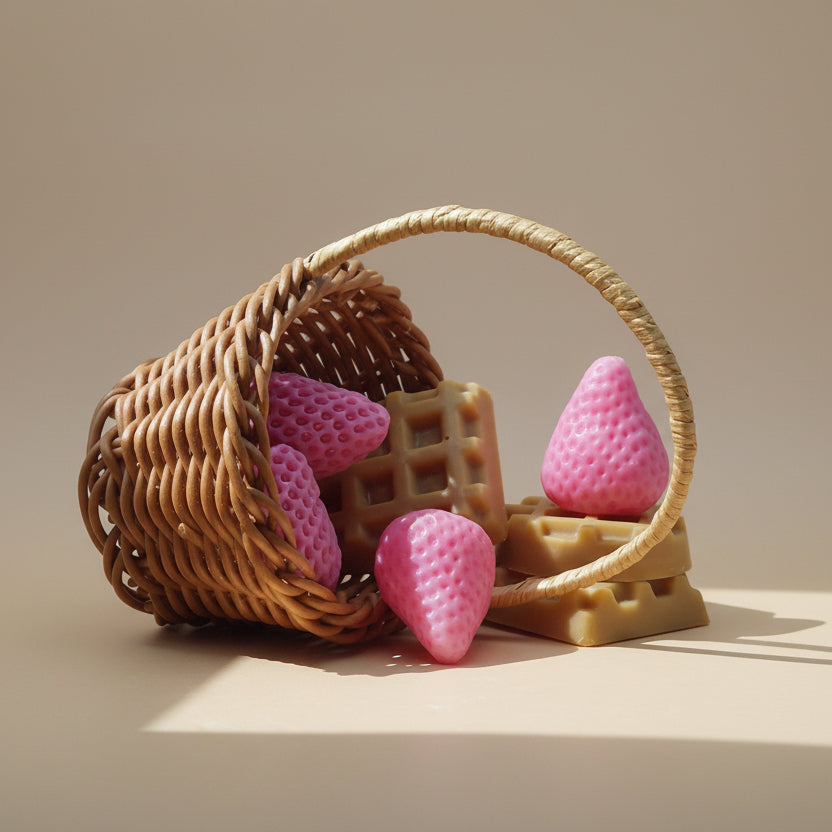 Handgemaakte wax melts in wafel- en aardbei-vorm in een rieten mandje – Zoete Lente geur.