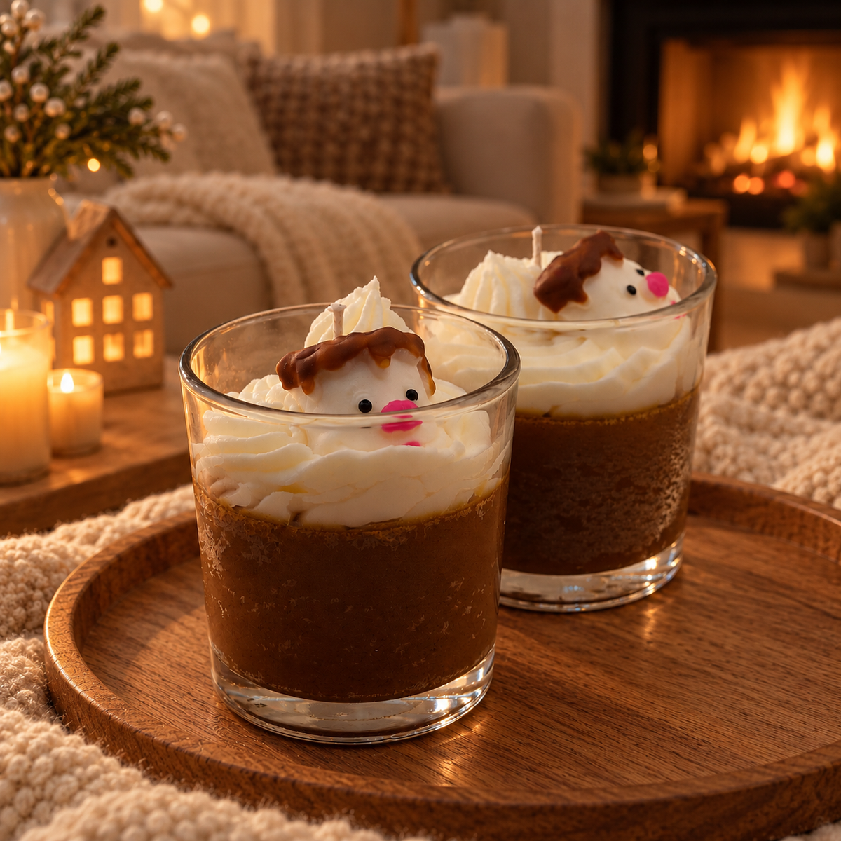 Handgemaakte sojawas geurkaars Marshmallow Cocoa met marshmallow decoratie in glas