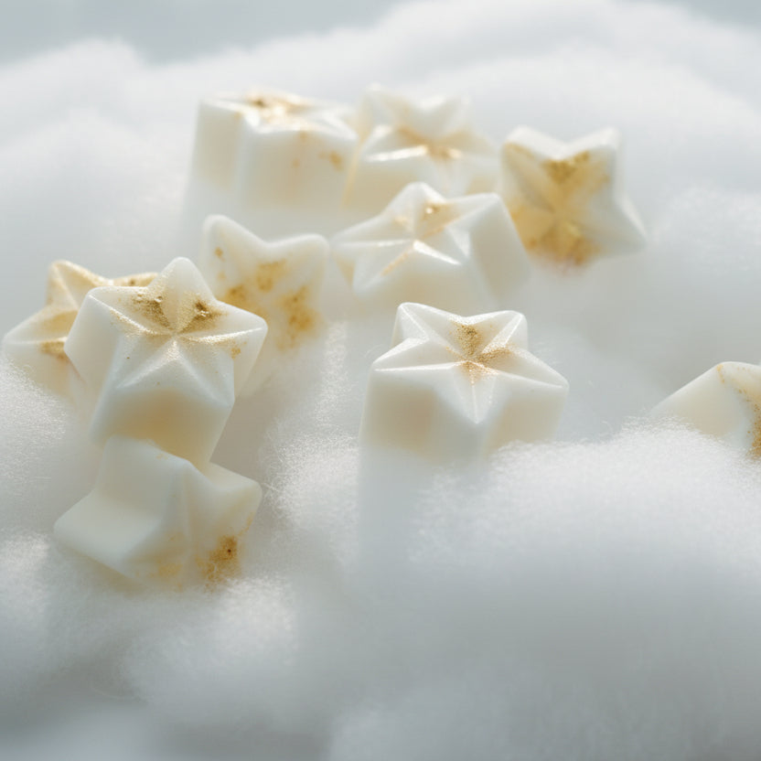 Witte Golden Stars wax melts in stervorm met goudkleurige accenten op een zachte witte ondergrond.