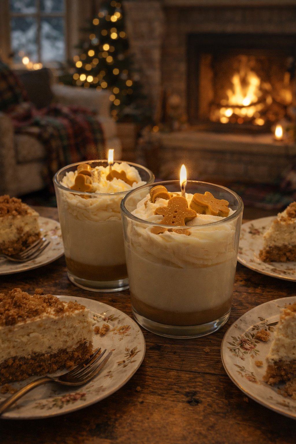 Geurkaars cadeau Gingerbread Cheesecake in herfst winter setting met cheesecake