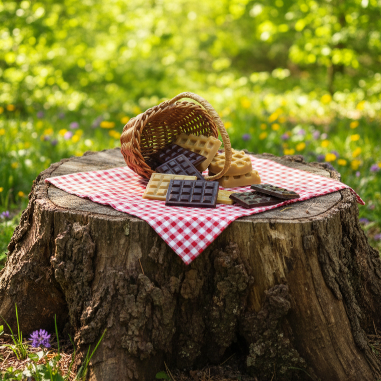 Wooden stump with a picnic setup including a basket, blanket, and chocolate bars in a forest setting.