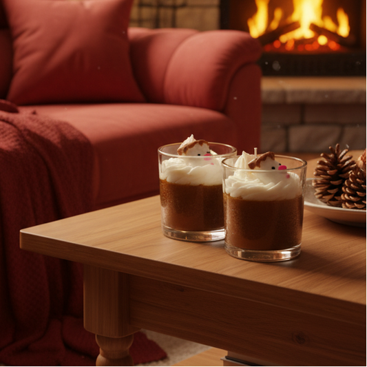 Two glasses of hot chocolate with whipped cream on a wooden table in front of a fireplace.