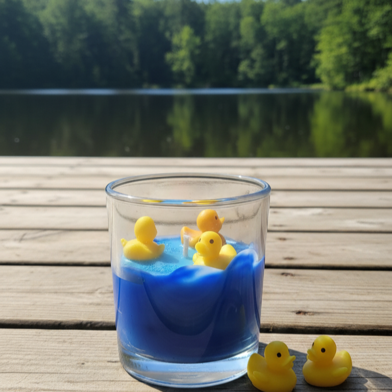 Glass with blue sand and yellow rubber ducks on a wooden deck with a lake and trees in the background