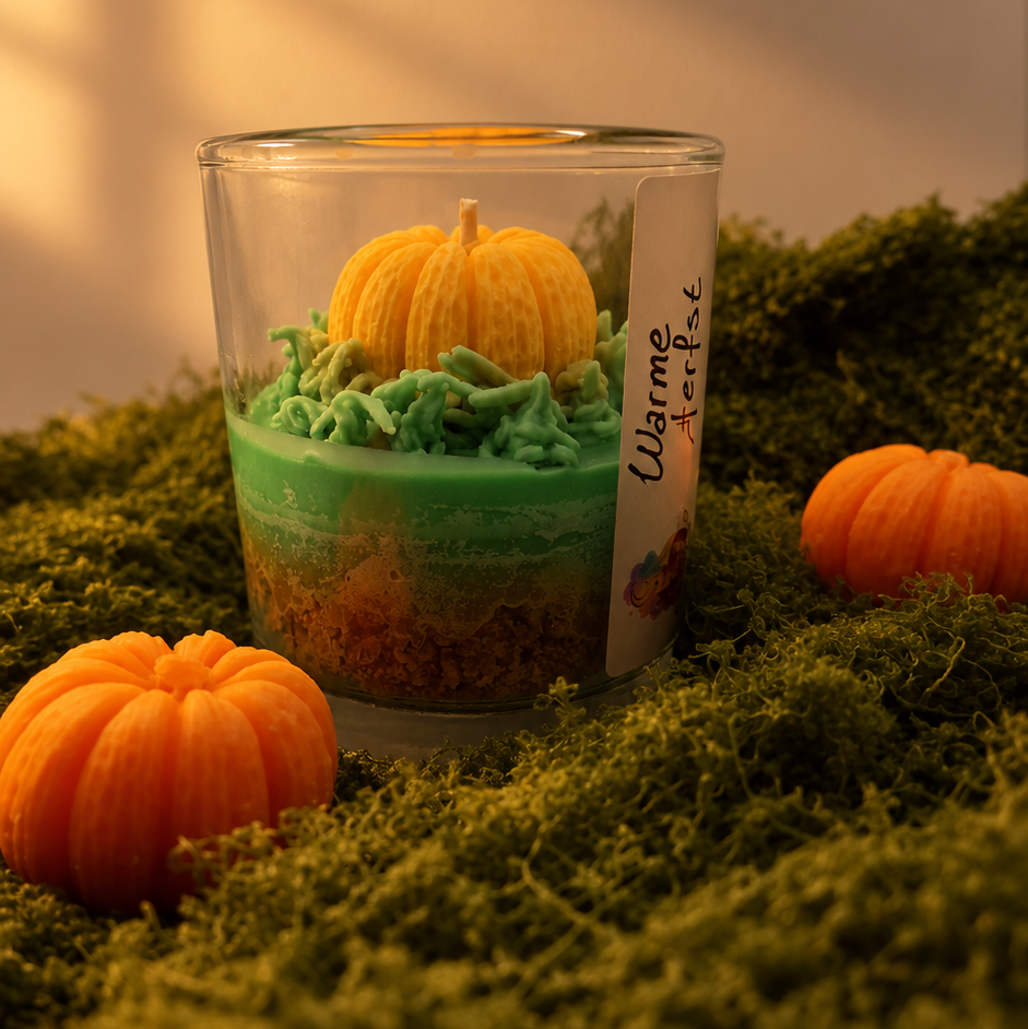 Warme Herfst geurkaars in glas met groene was en oranje pompoen, tussen mos en kleine pompoenen.