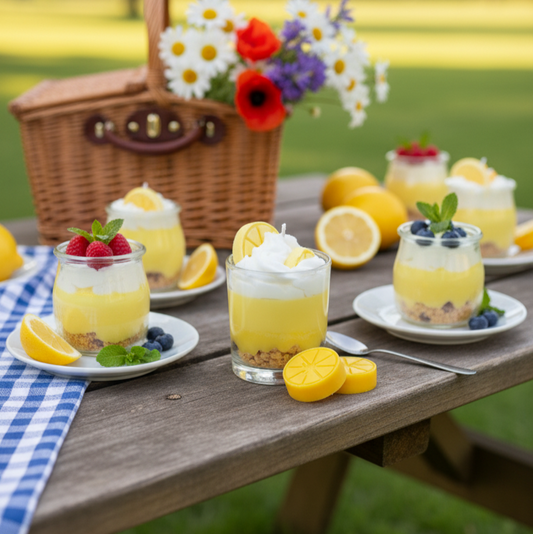 Lemon dessert cups with whipped cream and berries on a picnic table with a basket and flowers in the background.