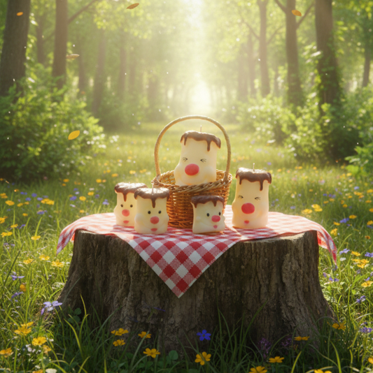 Wooden table with picnic setup in a forest