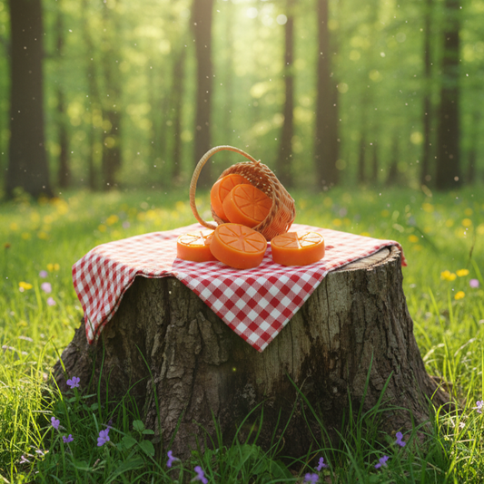 Orange slices on a checkered cloth on a tree stump in a forest