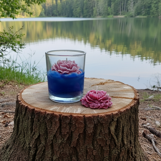 Candle with pink flower design in blue wax on a wooden stump by a lake