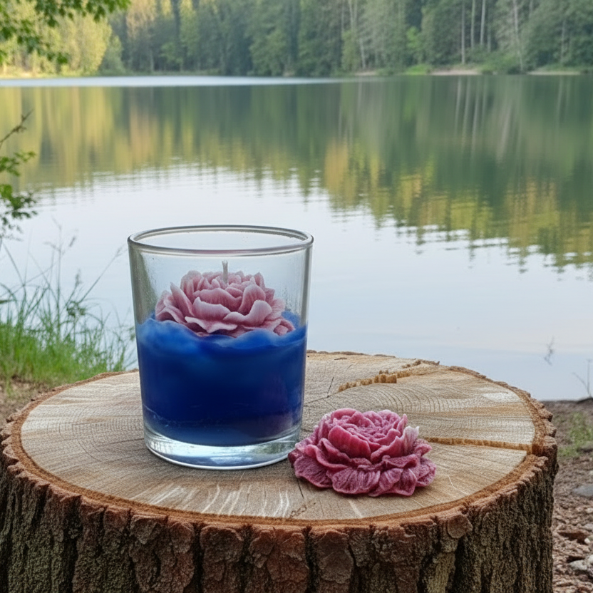 handgemaakte geurkaars Geheim Meer met roze bloem in glazen pot aan het meer