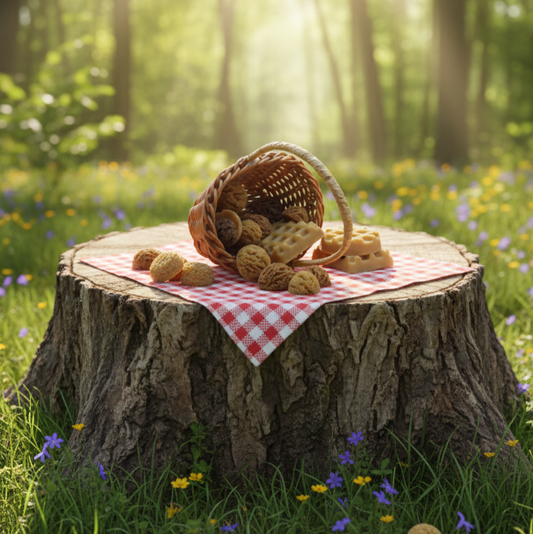 Cookies and waffles in a basket on a tree stump in a sunlit forest
