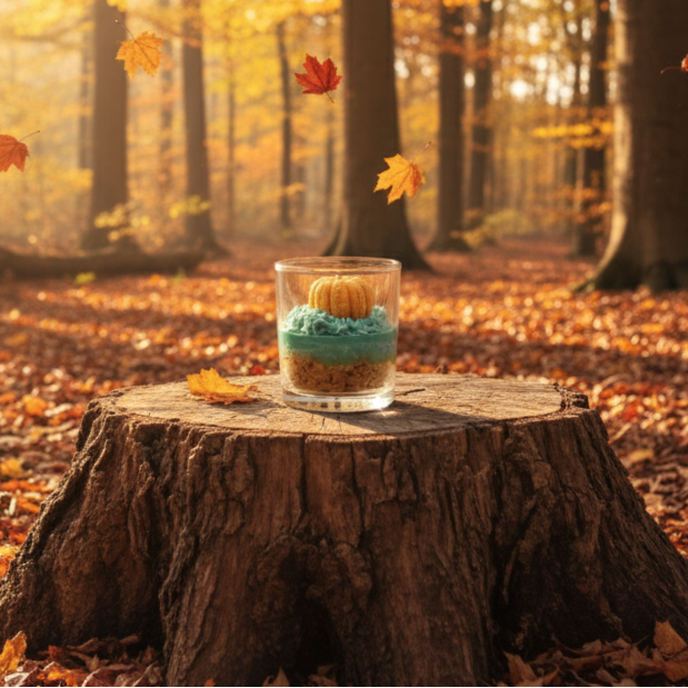 Glass with a pumpkin decoration on a tree stump in an autumn forest