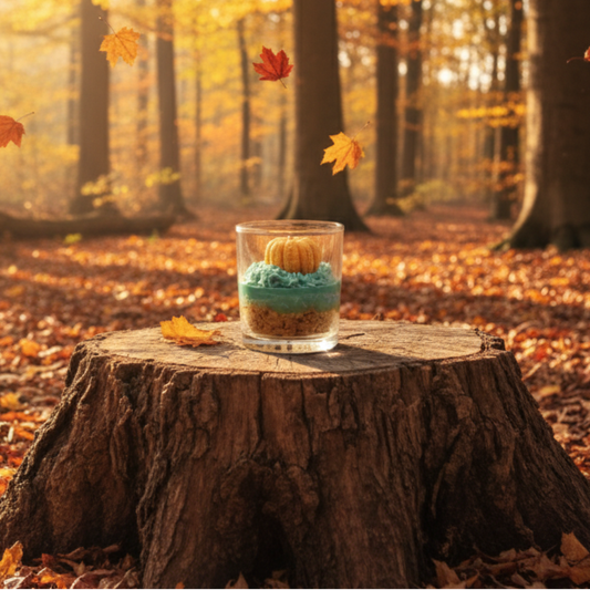 Glass with a pumpkin decoration on a tree stump in an autumn forest
