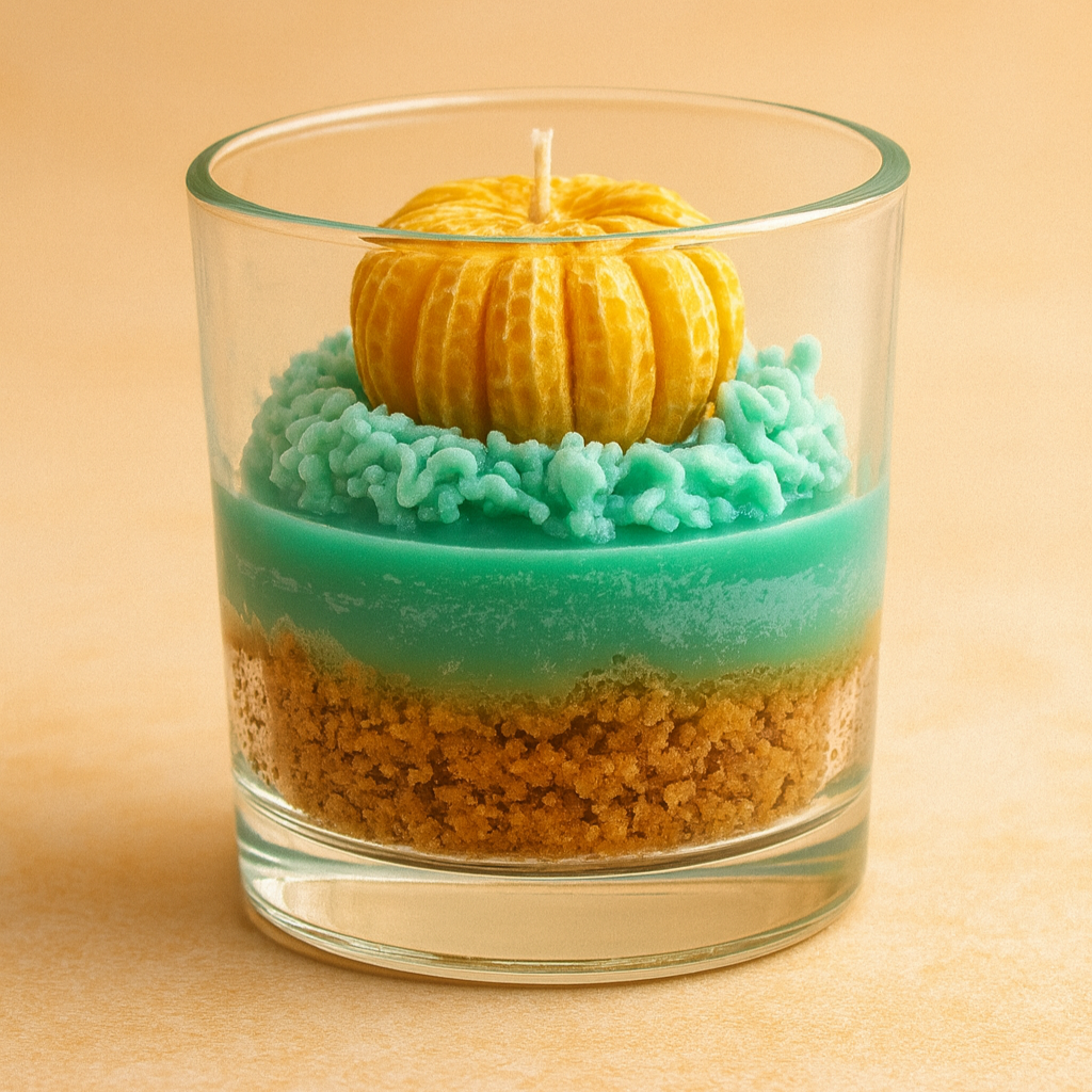 Candle in a glass container with layered colors on a beige background