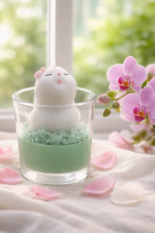 Handgemaakte Lentebloei geurkaars met een konijntje in glazen pot