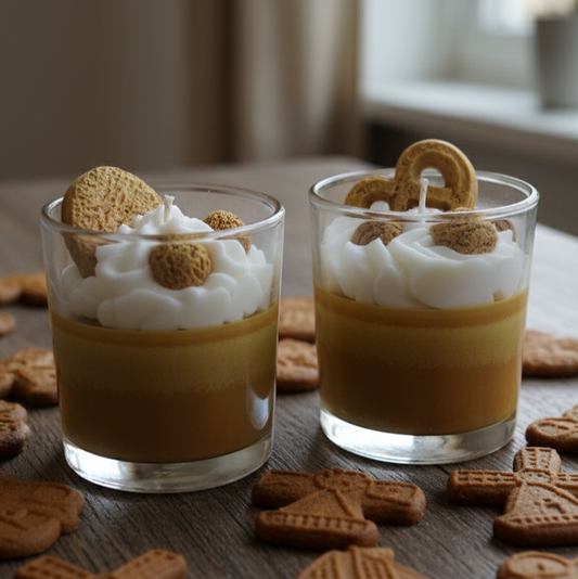 Two glass cups with layered dessert and cookies on a wooden surface