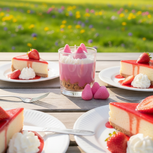 Strawberry Cheesecake geurkaars met aardbei decoratie op tafel in lentezon, perfecte kaars cadeau.