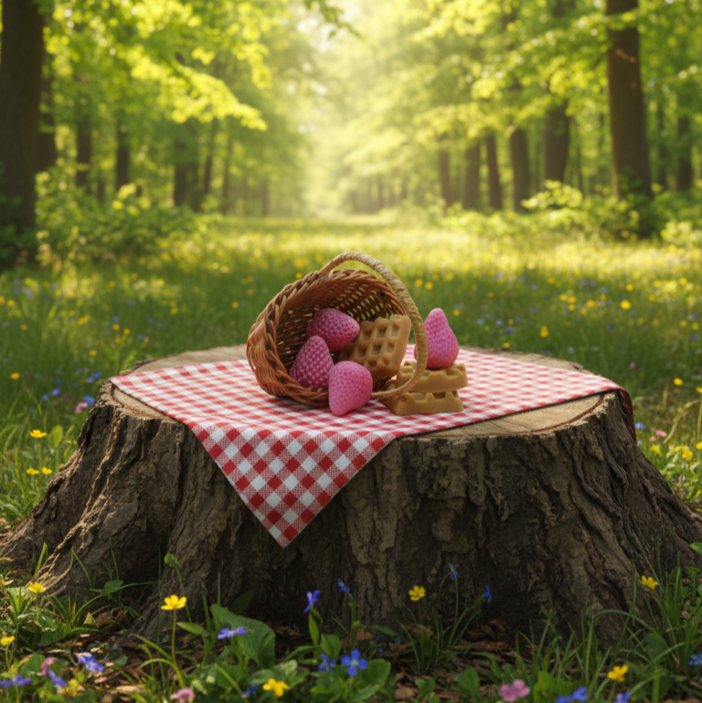 Zoete Lente wax melts gestyled op boomstronk met rood-wit kleed in een zonnig lentebos.