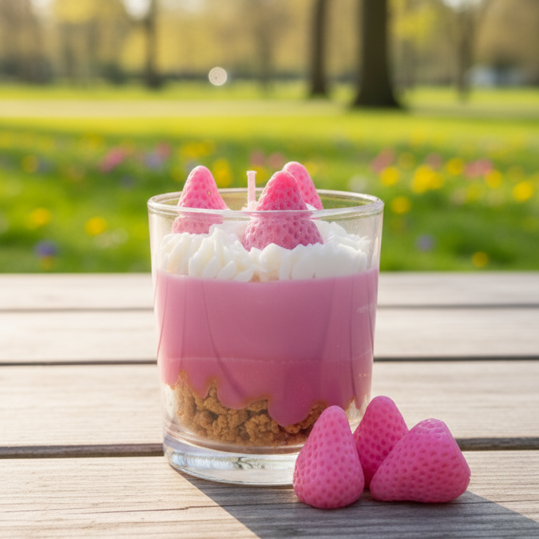 Pink dessert with strawberry-shaped candies on a wooden table outdoors.